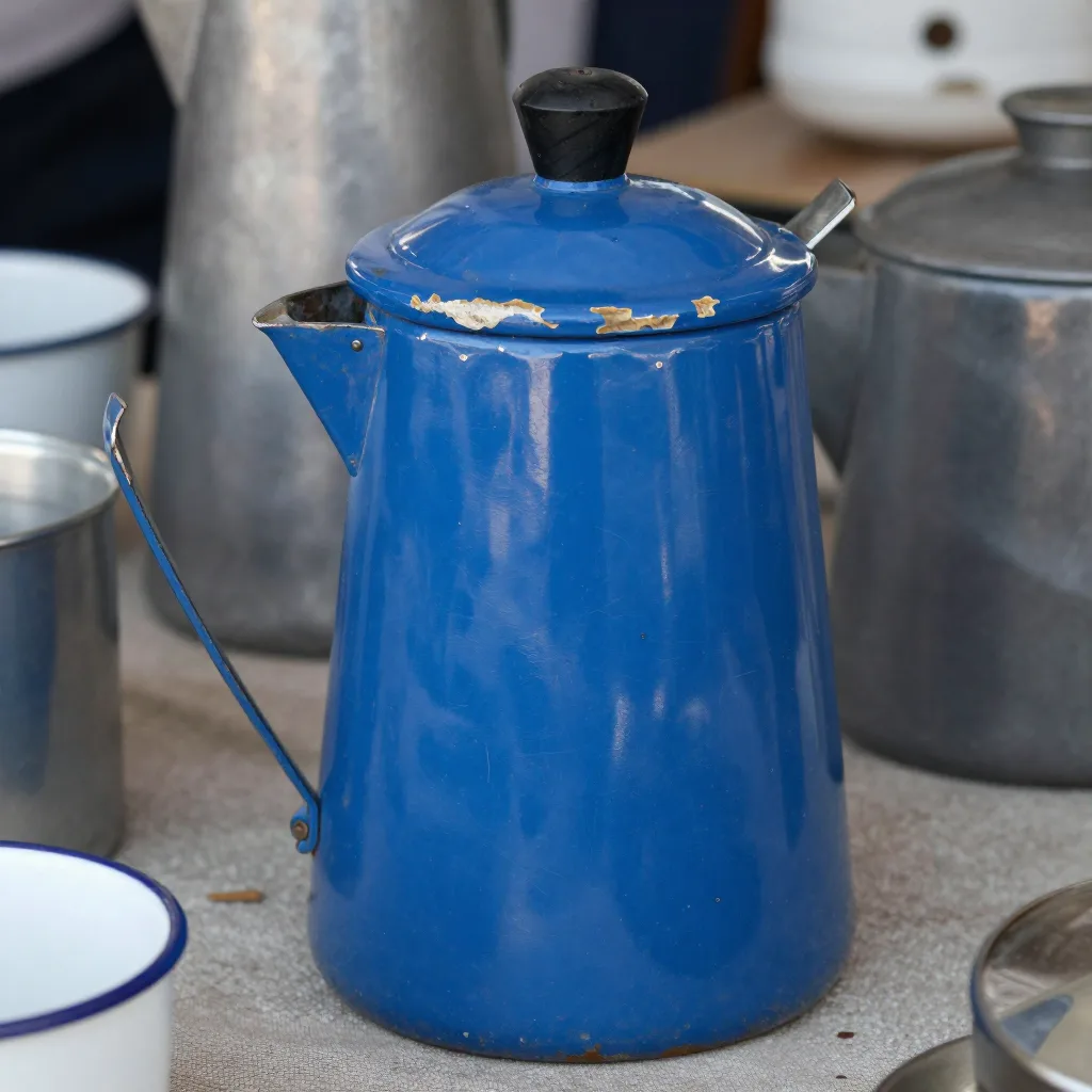 Cafetière en émail bleu - Émail éclaté par endroits