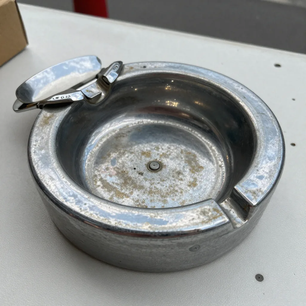 Cendrier à trappe basculante - Métal chromé, mécanisme grippé
