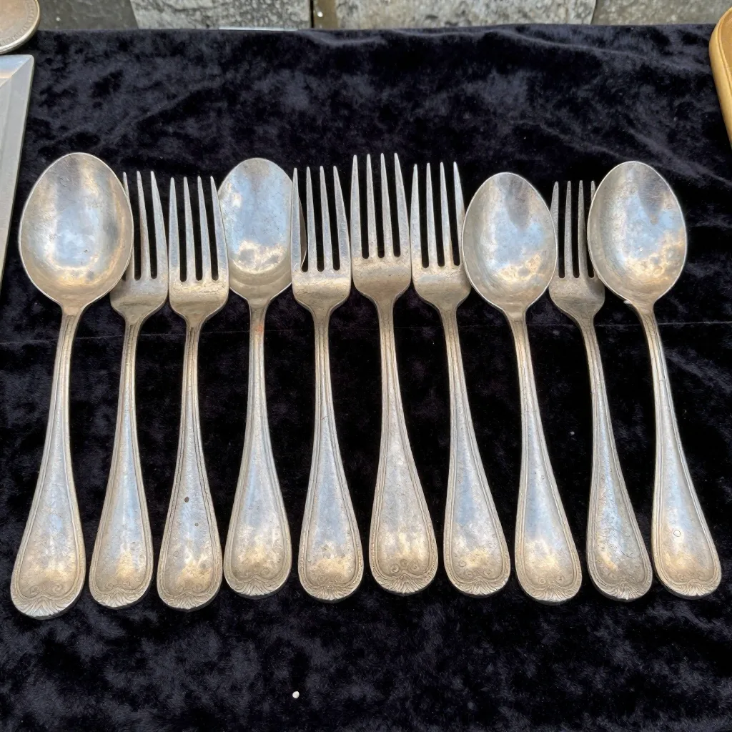 Couverts en métal argenté (12 pièces) - Argenture usée, motif filet