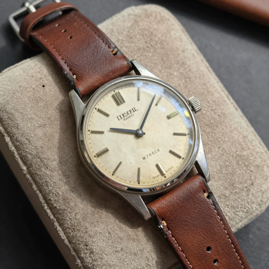 Montre-bracelet années 70 - Boîtier coussin, bracelet cuir